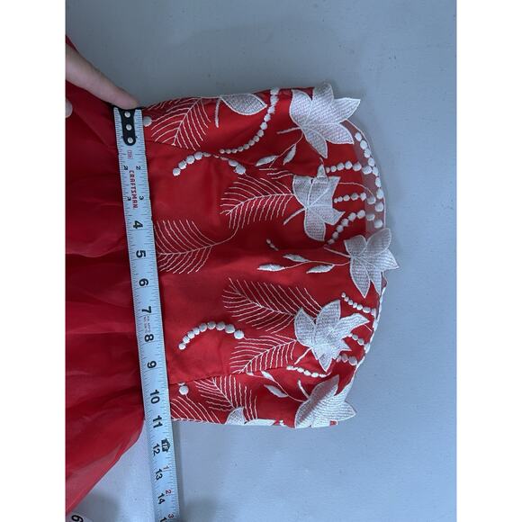 Vintage ‘80s Eve of Milady Red Emboidery Strapless Basque Waist Midi Dress - Picture 7 of 9